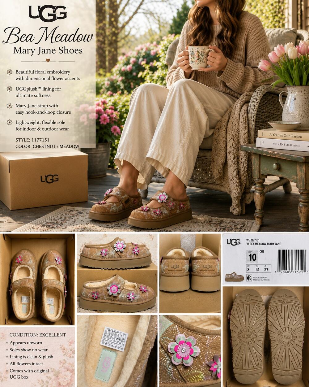 UGG Bea Mary Jane Meadow Shoes Women’s 10 Chestnut Floral Platform NIB 1177151